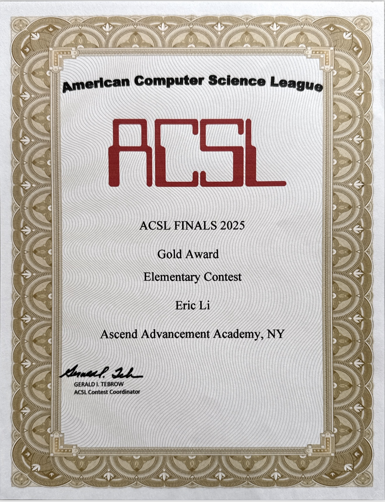 ACSL Finals 2025 Gold Award certificate, Elementary Contest, Eric Li