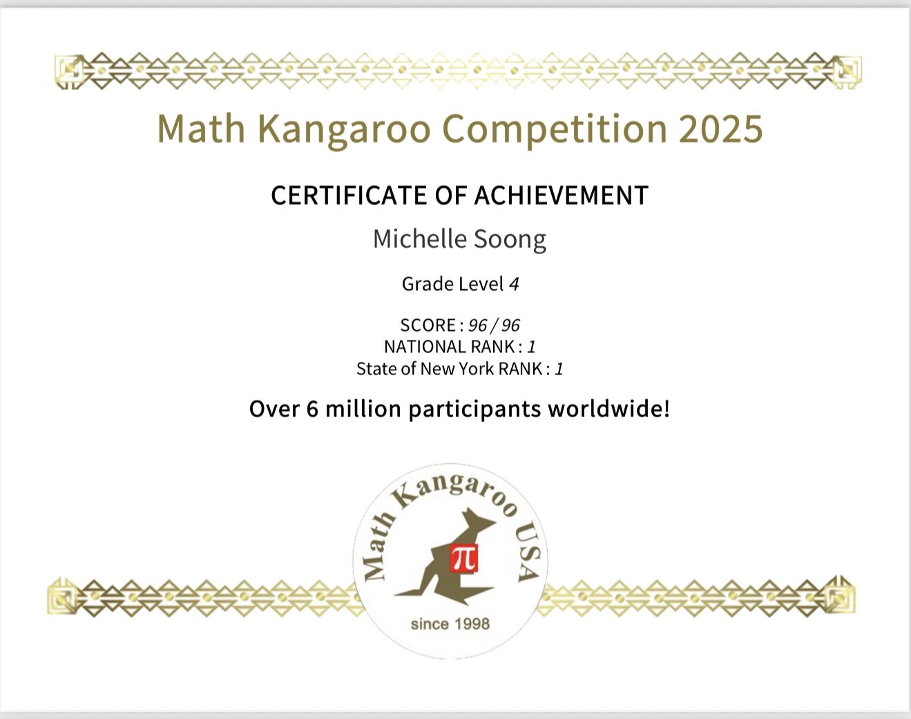 Math Kangaroo certificate, National Rank 1, Michelle Soong, Grade 4
