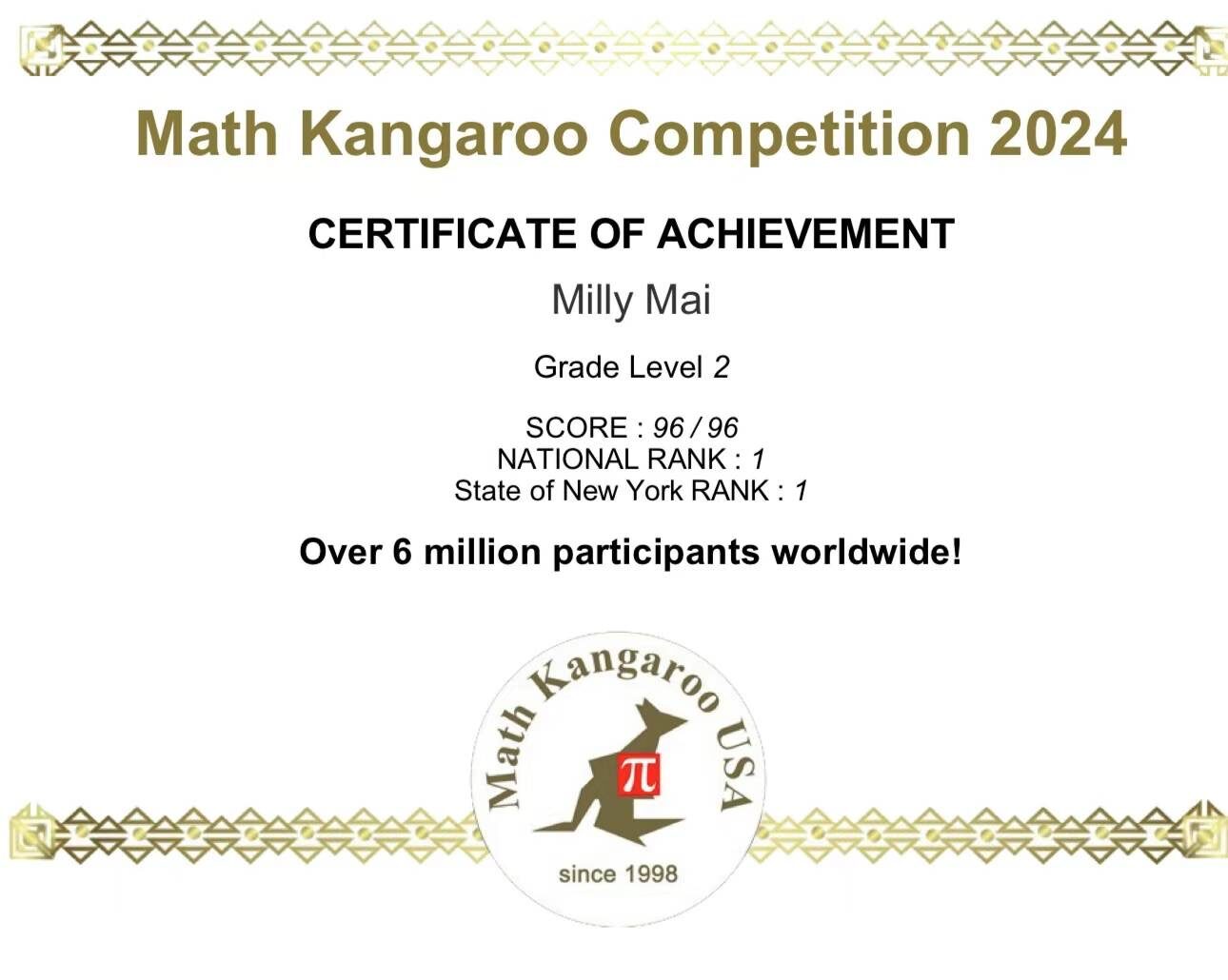 Math Kangaroo certificate, National Rank 1, Milly Mai, Grade 2
