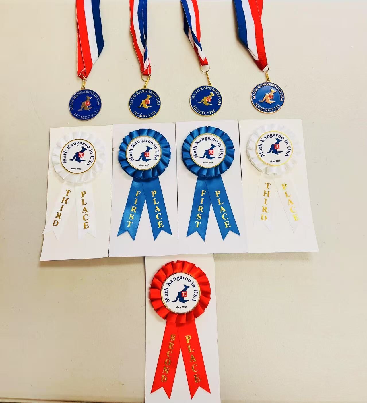 Wall display of Math Kangaroo medals and ribbons, first through third place