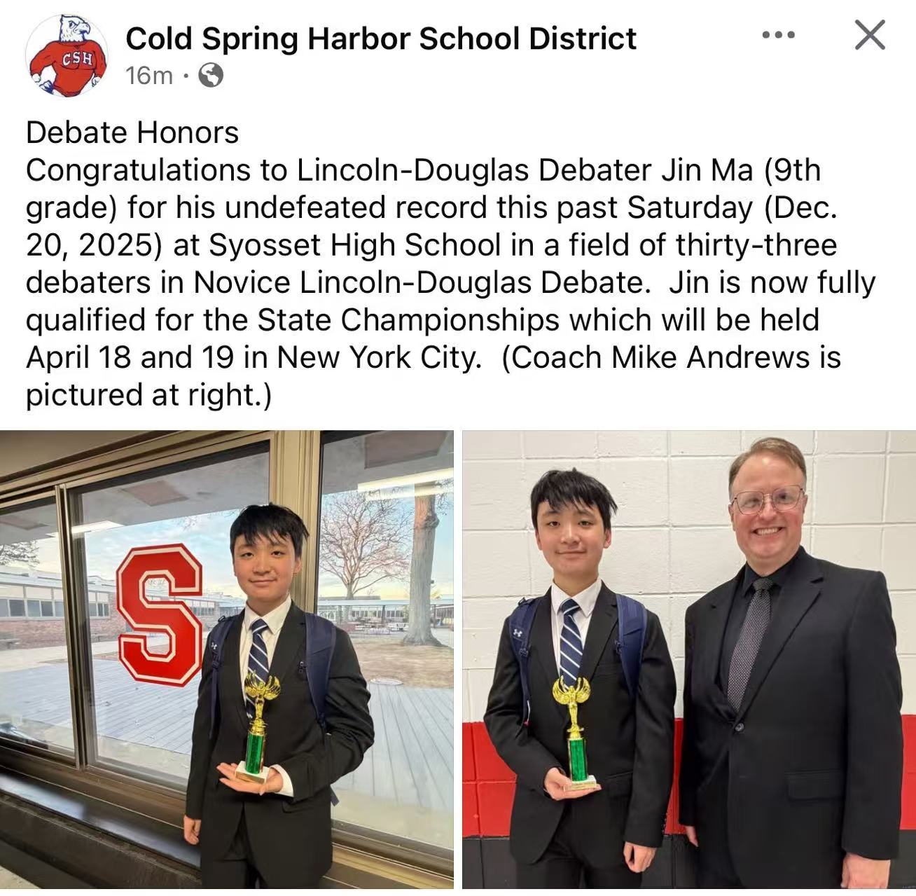 Cold Spring Harbor School District recognition for Jin Ma's undefeated Lincoln-Douglas debate record