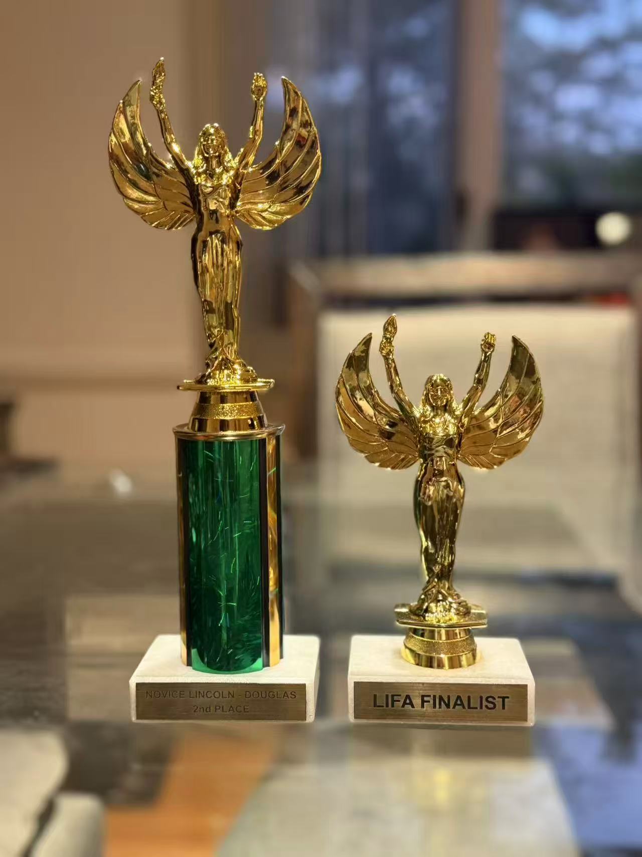 Lincoln-Douglas debate second place and LIFA finalist trophies